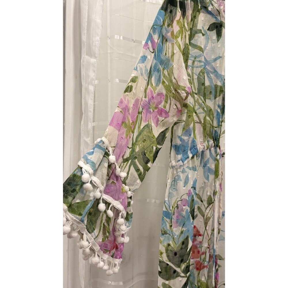 Club Z Collection Boho Floral Sheer Tunic Dress Pom Pom Trim Tassel Waist Size M - Picture 6 of 10